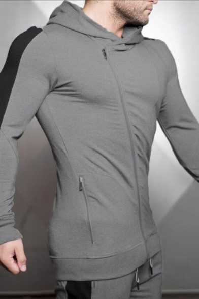 Elegant Men's Active Jacket Color Block Contrast Trim Zip Closure Finger Hole Pocket Long-sleeved Slim Fitted Jacket
