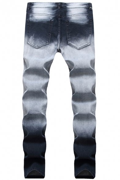 Fancy Men's Jeans Ombre Pattern Distressed Design Mid Waist Long Skinny Jeans with Washing Effect