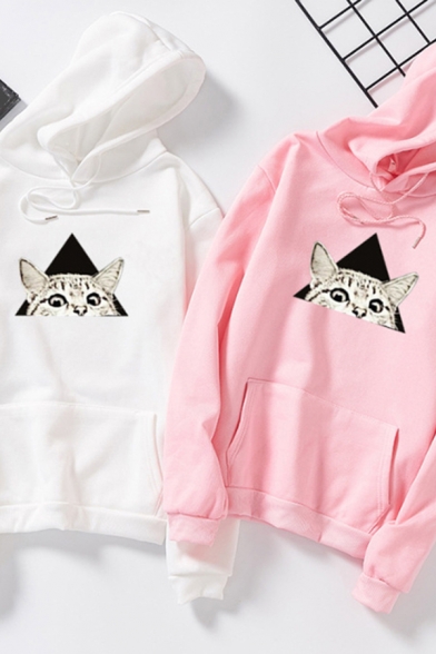 Fancy Women's Hoodie Cat Print Front Pocket Long Sleeves Regular Fitted Hooded Sweatshirt