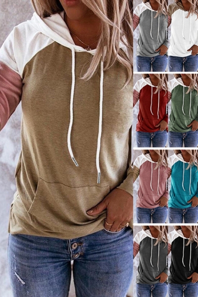 Fancy Women's Hoodie Contrast Color Front Kangaroo Pocket Long-sleeved Regular Fitted Drawstring Hooded Sweatshirt