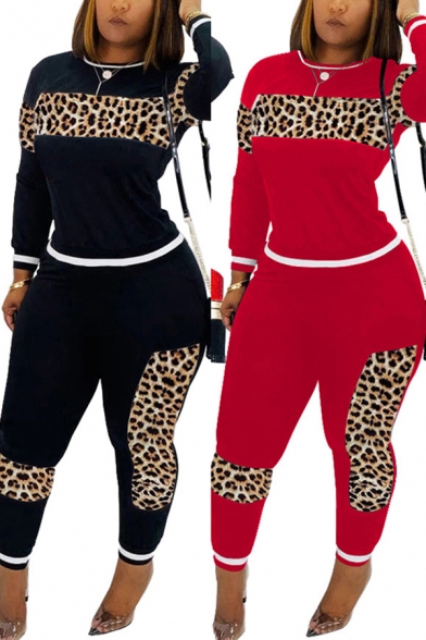 Fashion Womens Set Camo Leopard Patterned Long Sleeve Crew Neck Regular Tee & Pants Set