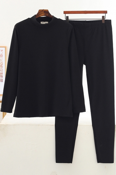 Fashionable Women's Co-ords Plain Mock Neck Velvet Long Sleeves Regular Fitted Sweatshirt with Elastic Long Pants Set