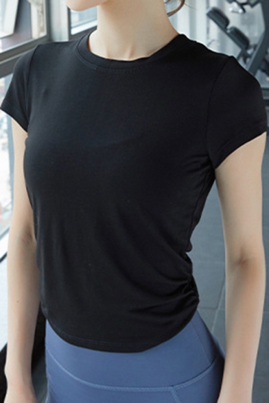 Fitness Girls T Shirt Plain Short Sleeve Crew Neck Cut Out Twist Back Fit T Shirt