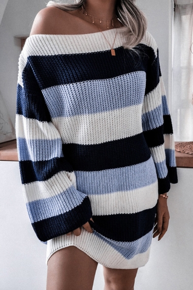 Girls Trendy Dress Stripe Print Long Sleeve Boat Neck Knitted Short Shift Sweater Dress