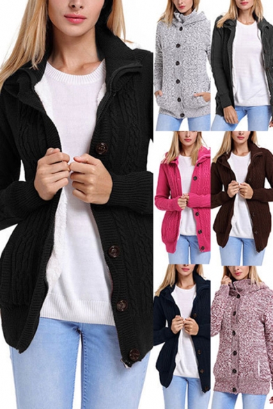 Leisure Cardigan Plain Long Sleeve Hooded Button Up Regular Fit Knit Cardigan for Ladies