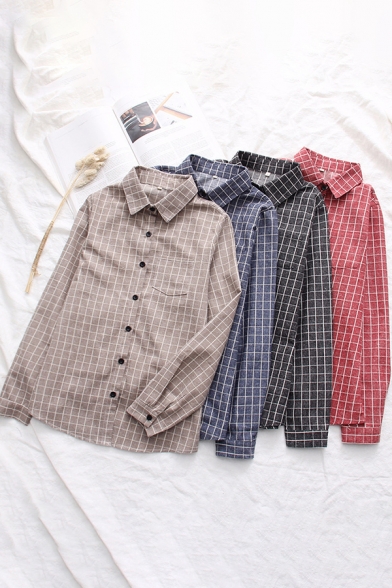 Leisure Shirt Checkered Pattern Long Sleeve Point Collar Button Up Chest Pocket Relaxed Shirt Top for Women
