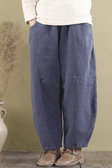 Leisure Women's Pants Solid Color Cotton and Linen Front Pocket Elastic Waist Full Length Wide Leg Pants