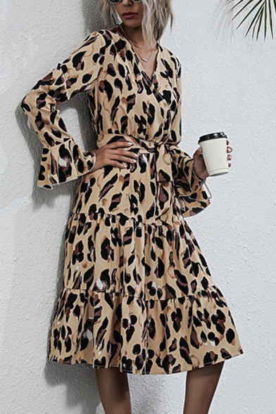Leopard Pattern Bell Sleeve Surplice Neck Bow-tie Waist Ruffled Hem Mid A-line Fashionable Dress for Ladies