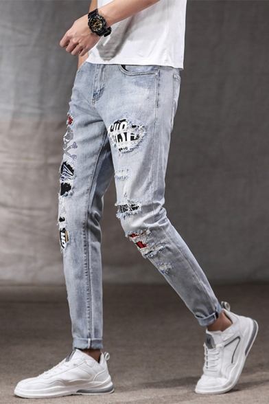 Men's Hot Fashion Badge Patched Slim Fit Trendy Frayed Ripped Jeans
