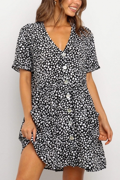 Popular Dress Leopard Print Short Sleeve Deep V-neck Button Up Short A-line Dress for Ladies