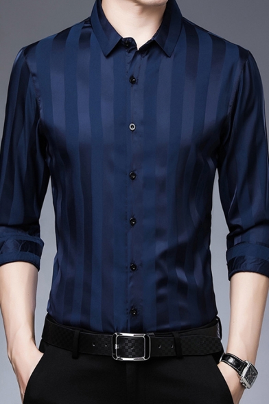 Popular Mens Shirt Stripe Print Long Sleeve Spread Collar Button Up Regular Fitted Shirt
