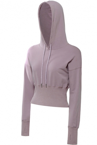 Pretty Hoodie Solid Color Long Sleeve Drawstring Regular Fit Crop Hoodie for Ladies