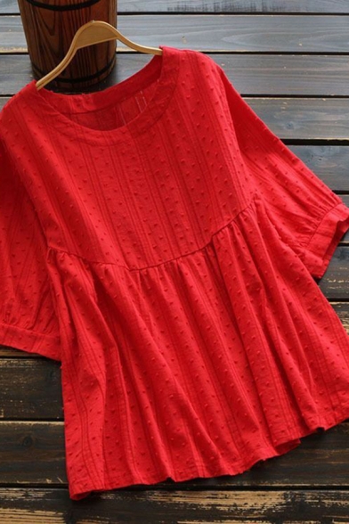 Retro Women's Shirt Blouse Solid Color Round Neck Half Sleeces Pleated Detail Relaxed Fit Pullover Blouse