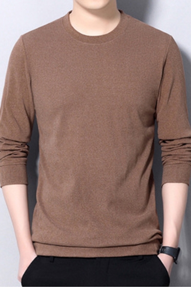 Simple Mens T Shirt Cashmere Solid Color Long Sleeve Crew Neck Slim Fit Tee Top