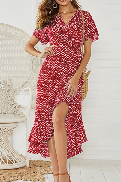Stylish Dress Ditsy Floral Print Bell Sleeve Surplice Neck Tied Waist Ruffled Mid Wrap Dress for Ladies