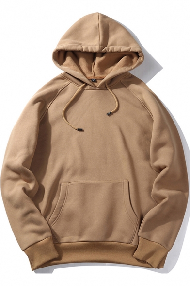Trendy Men's Hoodie Solid Color Kangaroo Pocket Long Sleeves Relaxed Fit Brushed Hooded Sweatshirt