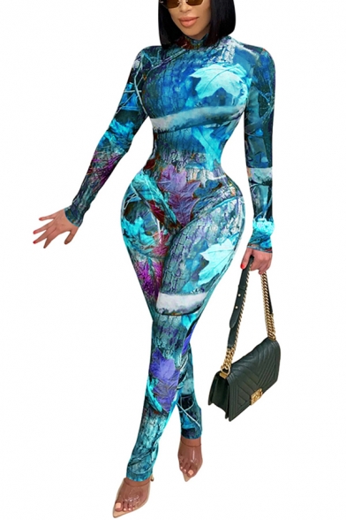 Trendy Women's Jumpsuit Transparent Graphic Pattern Mock Neck Long Sleeves Ankle Length Slim Fitted Jumpsuit