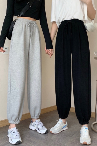 Trendy Women's Pants Solid Color Side Pocket Drawstring Elastic Waist Banded Cuffs Ankle Length Pants