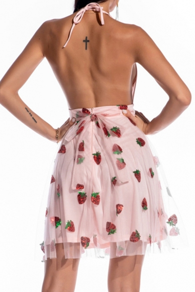Amazing Girls Dress Strawberry Sequins Deep V-neck Halter Backless Mesh Patched Short A-line Tank Dress in Pink