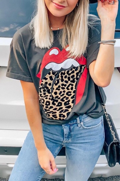 Basic Women's Tee Top Lip Leopard Printed Crew Neck Short-sleeved Regular Fitted T-Shirt