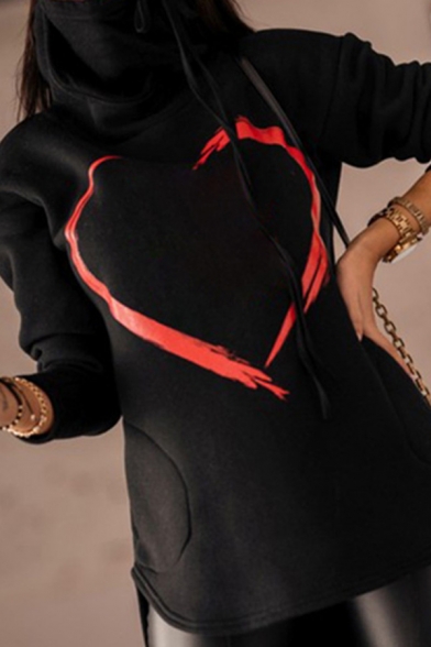 Casual Hoodie Long Sleeve Drawstring Heart Print Curved Hem Asymmetric Hoodie for Ladies