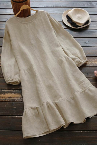 Casual Women's Swing Dress Plain Tiered Round Neck Long Bishop Sleeves Tiered Regular Fitted Swing Dress