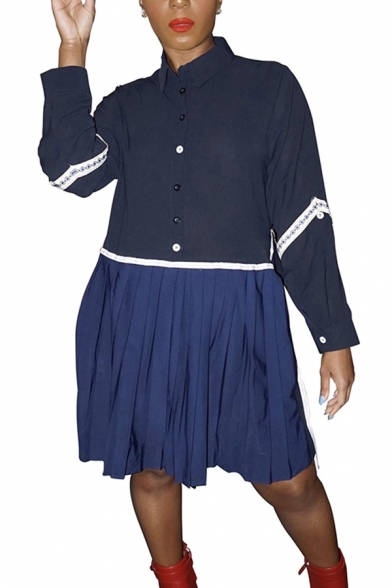 Casual Womens Dress Blue Long Sleeve Point Collar Button Up Tape Patchwork Short Pleated Swing Shirt Dress