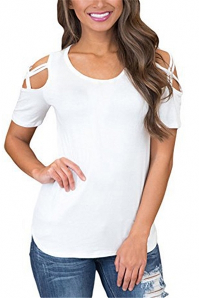 Casual Womens Tee Top Solid Color Hollow Out Short Sleeve Round Neck Curved Hem Loose T-shirt