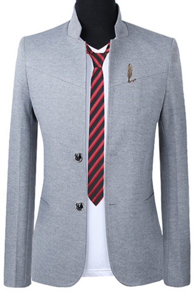 Chinese Style Mens Plain Stand Collar Long Sleeve Double Button Front Patched Slim Fit Suit Blazer