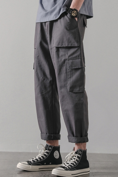 Cool Boys Pants Solid Color Mid Rise Flap Pockes Roll-up Cuffs Relaxed Fit Cargo Pants