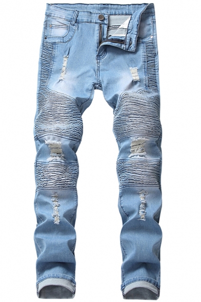 Cool Men's Jeans Light Wash Pleated Distressed Detailed Button Fly Contrast Panel Regular Fitted Long Jeans