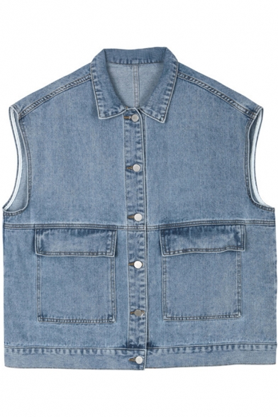 Cool Vest Sleeveless Spread Collar Button Up Loose Fit Denim Blue Vest for Girls