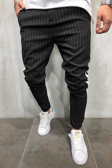 Elegant Mens Pants Stripe Pattern Mid Waist Ankle Length Regular Fitted Pants