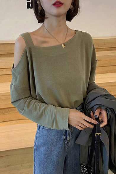 Elegant Women's Tee Top Hollow out Cold Shoulder Solid Color Long Sleeves Regular Fitted T-Shirt