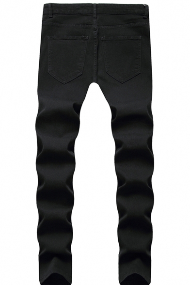 Fancy Men's Jeans Solid Color Pleated Panelled Button Fly Long Regular Fitted Jeans in Black