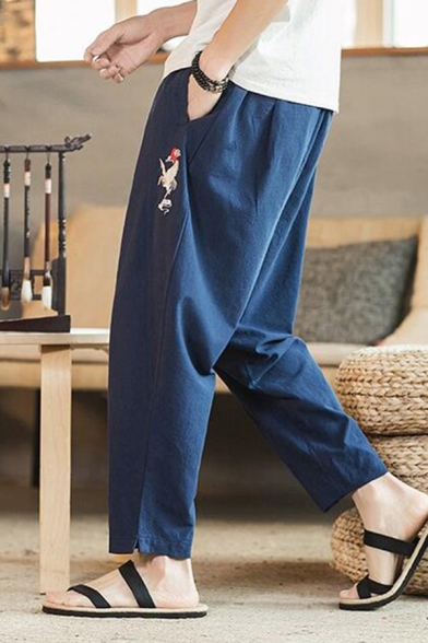 Fancy Men's Pants Crane Embroidered Stripe Pattern Side Pocket Elastic Waist Ankle Length Pants