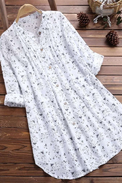 Fancy Women's Ditsy Floral Pattern Pleated Front Button Fly Long Sleeves Cotton and Linen Relaxed Fit Shirt Blouse