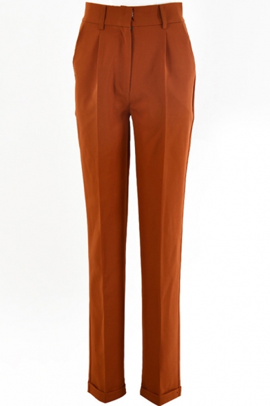 Fancy Women's Pants Solid Color High Rise Ankle Length Tapered Pants
