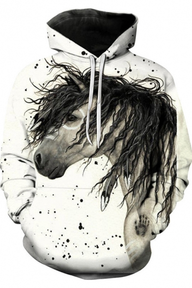 Fashion Mens Hoodie Horse 3D Pattern Long Sleeve Drawstring Pouch Pocket Loose Hoodie