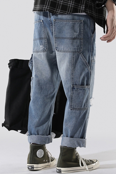 Fashion Mens Jeans Patched Distressed Mid Waist Roll Up Cuffs Ankle Straight Jeans in Light Blue