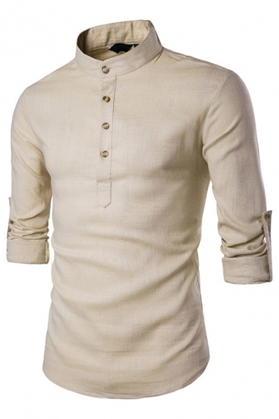 Formal Mens Tee Top Solid Color Cotton and Linen Button Design Stand Collar Long Sleeves Regular Fitted T-Shirt