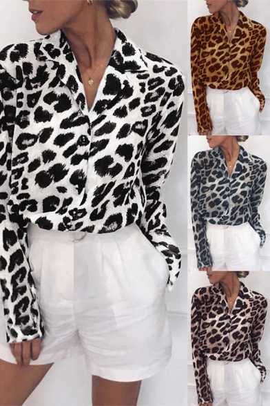 Formal Womens Shirt Leopard Pattern Long Sleeve Lapel Neck Button-up Relaxed Shirt Top