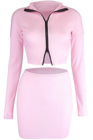Girls Sexy Long Sleeve Zip-up Fit Crop Jacket & Mini Tight Skirt Co-ords