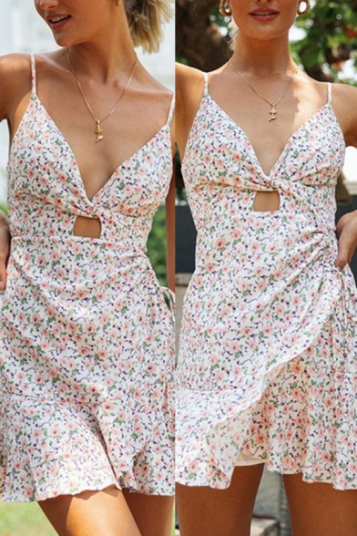 Gorgeous Ladies Dress Ditsy Floral Print Deep V-neck Twist Front Cut Out Ruffled Short Wrap Cami Dress in White