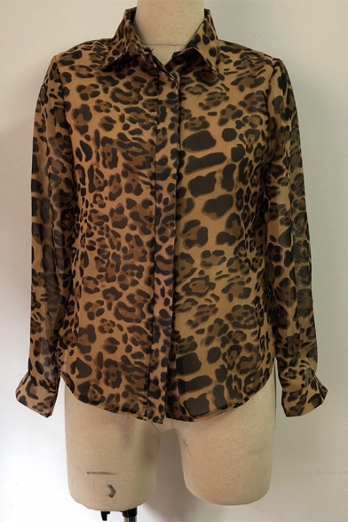 Hot Stylish Womens Leopard Print Patchwork Button Down Mesh Sleeve Chiffon Shirts