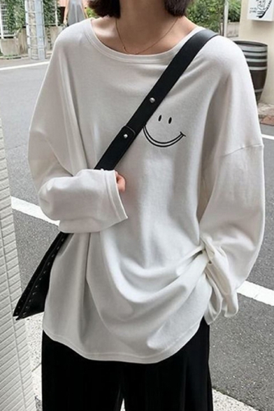 Korean Style T Shirt Solid Smiley Print Long Sleeve Round Neck Loose Tee Top for Ladies