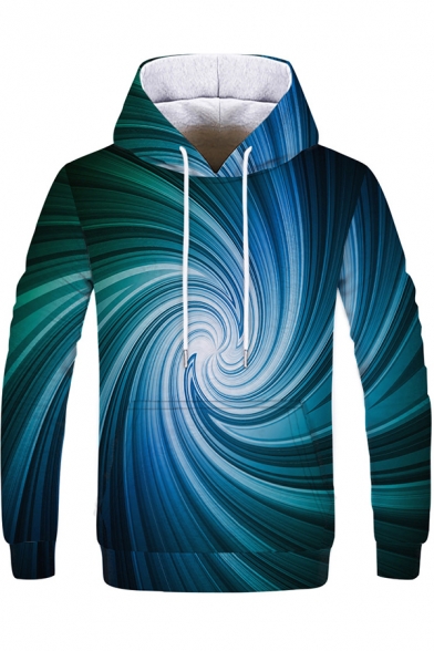 Leisure Mens Hoodie Graphic 3D Digital Pattern Front Pocket Long-sleeved Regular Fitted Drawstring Hooded Sweatshirt