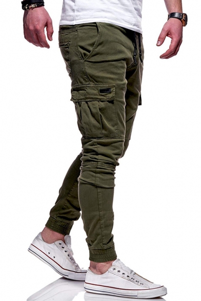 Leisure Mens Pants Solid Color Flap Pockets Drawstring Low Waist Ankle Tied Slim Fitted Full Length Cargo Pants