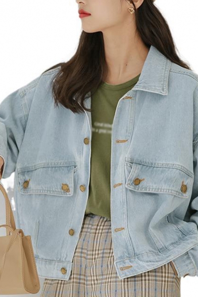 Leisure Women's Denim Jacket Button Closure Flap Pocket Long Sleeves Regular Fitted Denim Jacket