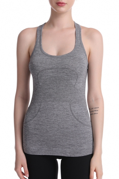 Leisure Women's Tank Top Solid Color Heathered Panel Crew Neck H-Back Sleeveless Fitted Yoga Cami Top